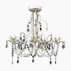 Art Deco chandelier with five bulbs, distressed white finish, clear and black crystal beads.