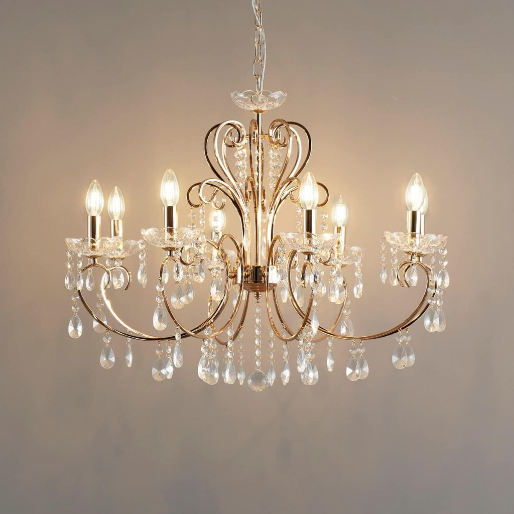Maison Ornate Rose Gold Baroque Chandelier with 8 E14 bulbs, curved arms, and crystal droplets.