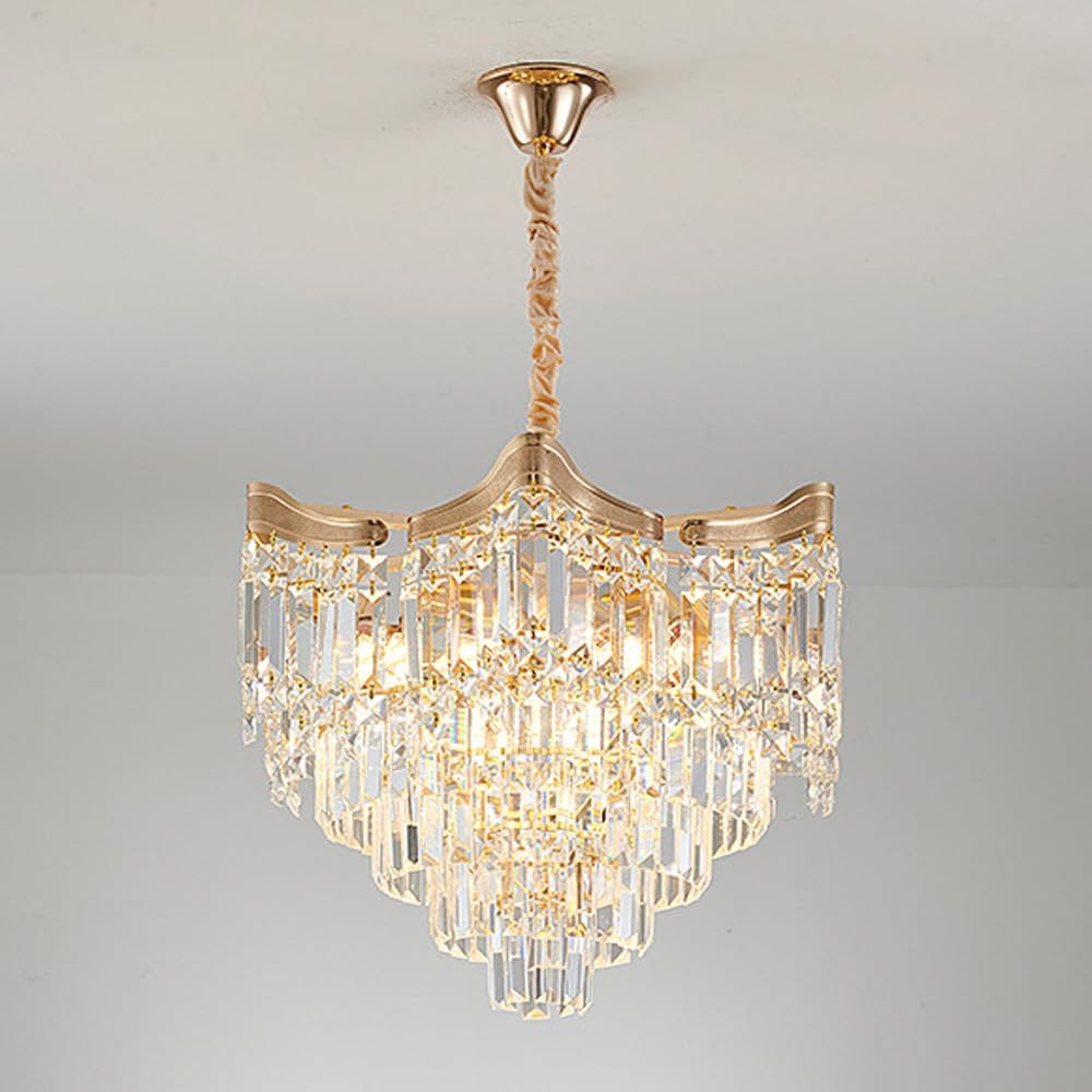 Tiered gold chandelier with cascading K9 crystals, adjustable height, and warm LED illumination.