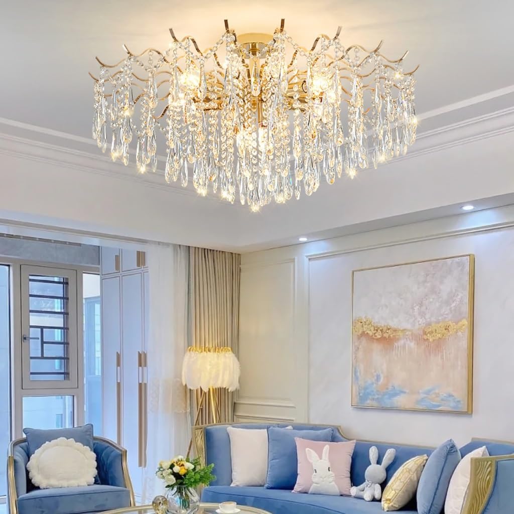 Chandelier Living Room Crystal Modern Hanging Lamp Elegant and Warm Indoor Lighting for Living Room, Dining Room, Bedroom, Hall, Adult Bedroom Hanging Light (80 cm)