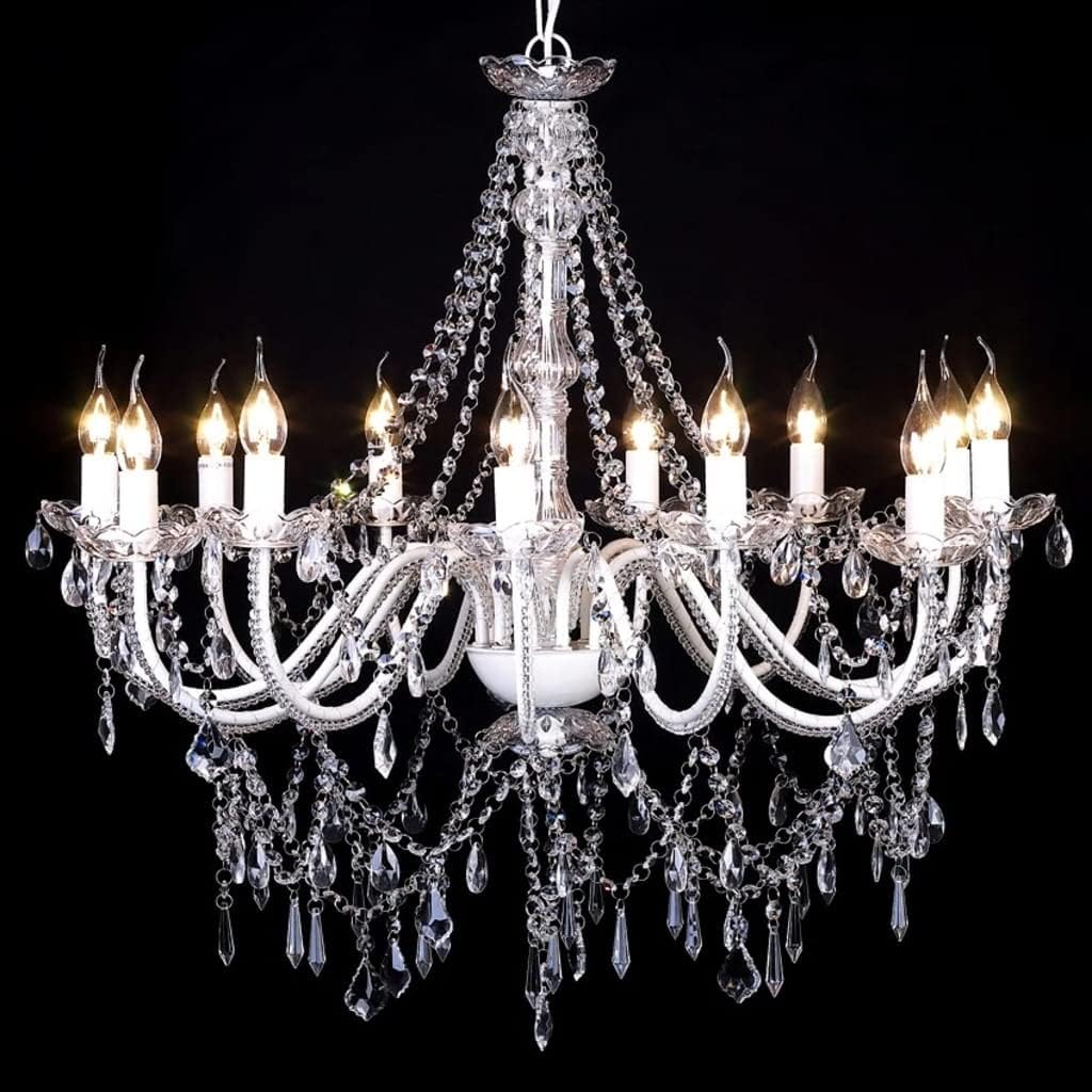 Elegant Maison Ornate Venetian crystal chandelier with 12 candle bulbs, ornate crystals, and white metal-glass accents.