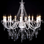 Venice 12-Light Baroque chandelier with white ornate arms, glass pendants, and candle-style bulbs.