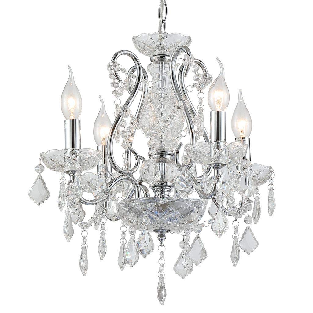 Five-arm rustic vintage metal chandelier with candle bulbs and clear crystal pendants, elegantly sparkling.