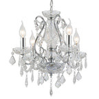 Silver-tone crystal chandelier with four candle bulbs, ornate scrollwork, and adjustable height.