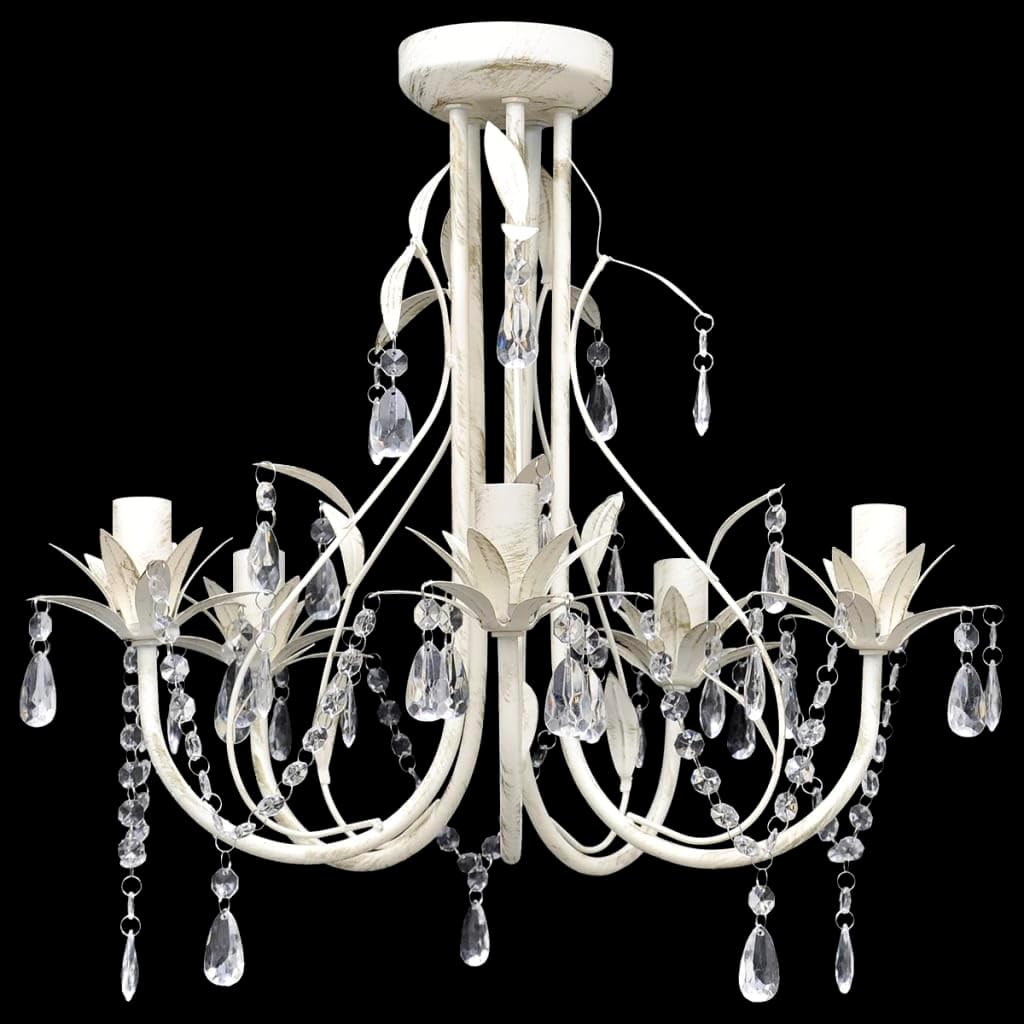 Maison Ornate Art Deco chandelier with five bulbs, curved arms, leaf accents, and crystal droplets.