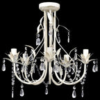 Maison Ornate Art Deco chandelier with five bulbs, curved arms, leaf accents, and crystal droplets.