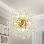 Modern gold dandelion chandelier with crystal balls and glowing bulbs in an ornate design.