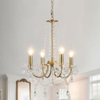 Ornate modern vintage chandelier with five candle bulbs, crystal drops, and a metallic chain.