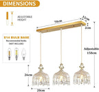 Elegant brass crystal chandelier with 70cm base, three shades, adjustable height, fits E14 bulbs.