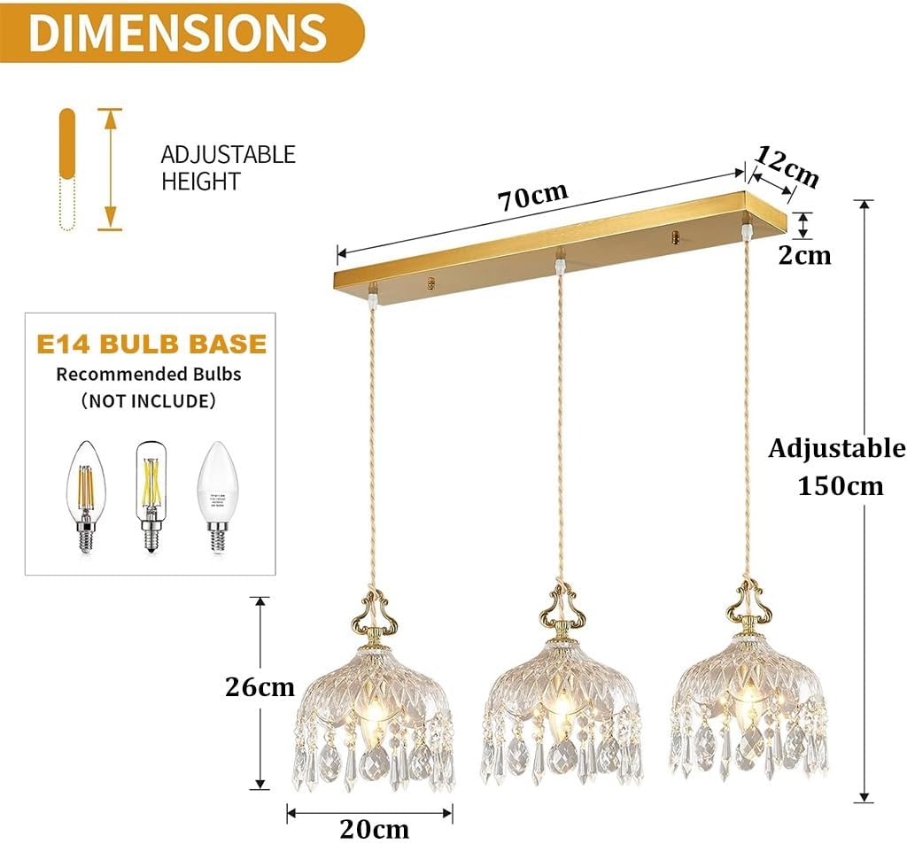 Elegant brass crystal chandelier with 70cm base, three shades, adjustable height, fits E14 bulbs.
