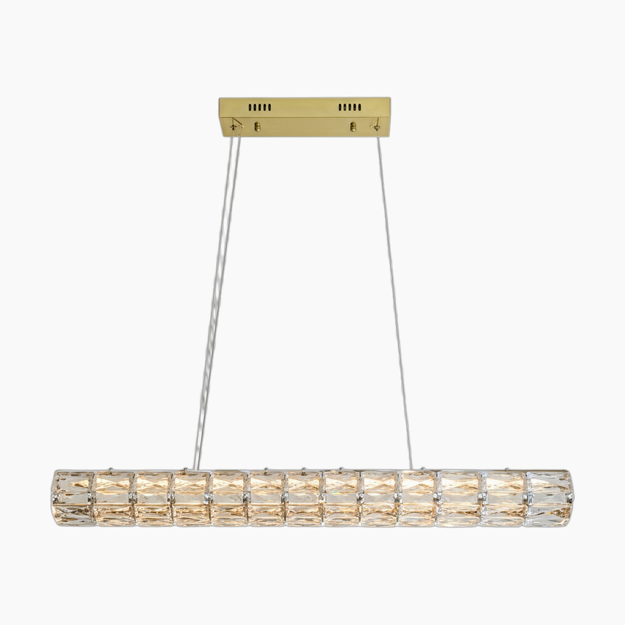Modern gold-mounted K9 crystal LED chandelier with dimmable, warm glow and elegant horizontal panels.