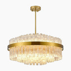 Gold chandelier with two tiers of clear glass rods, suspended, elegant modern crystal design.