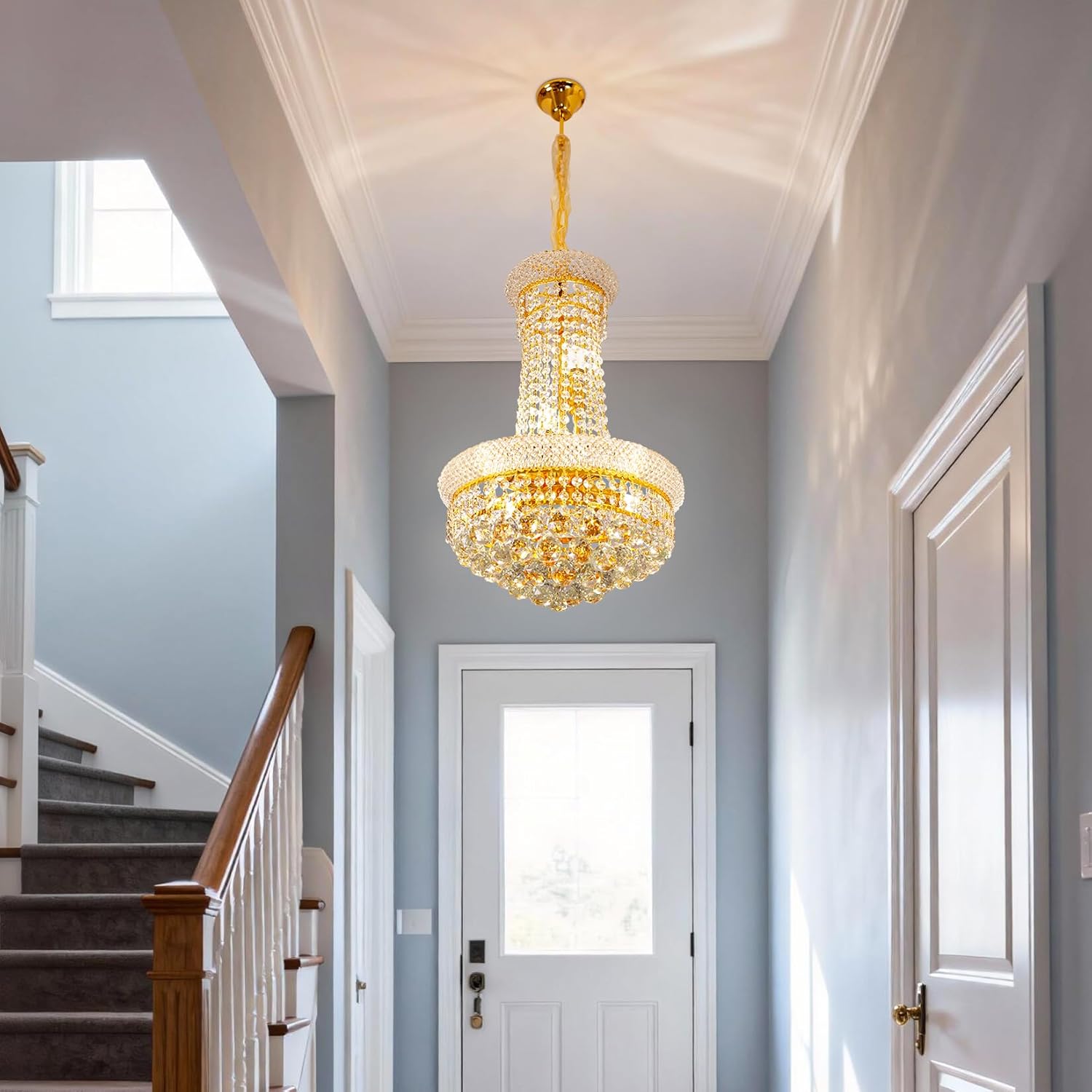 Maison Ornate Golden Crystal Round Modern Glass Pendant Light with crystal accents and gold finish.