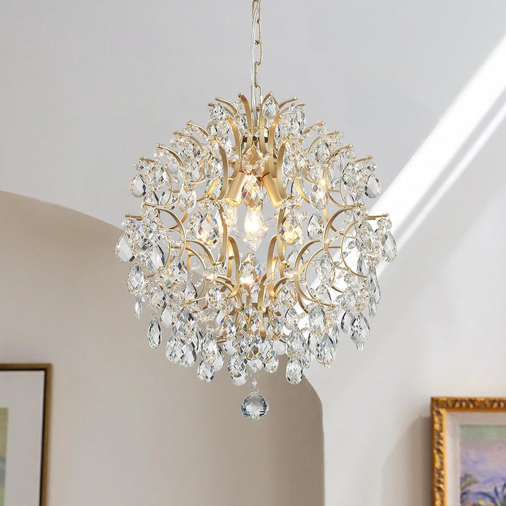 Maison Ornate Modern Crystal Hallway Chandelier features three lights, crystal drops, and ornate branches.