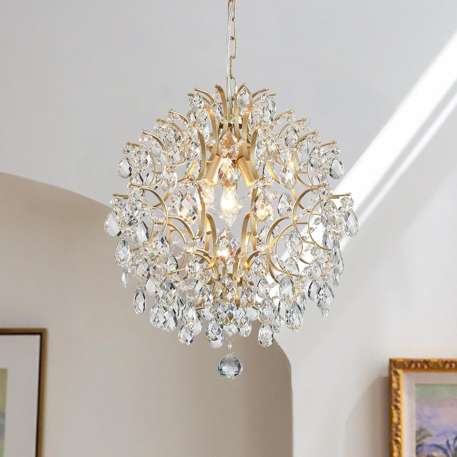 BESTIER Gold Modern Colgante Candelabro Crystal Gota de Lluvia Iluminación Lámpara de Techo Lámpara para Comedor Baño Dormitorio Sala de estar 3 bombillas E14 Requeridas