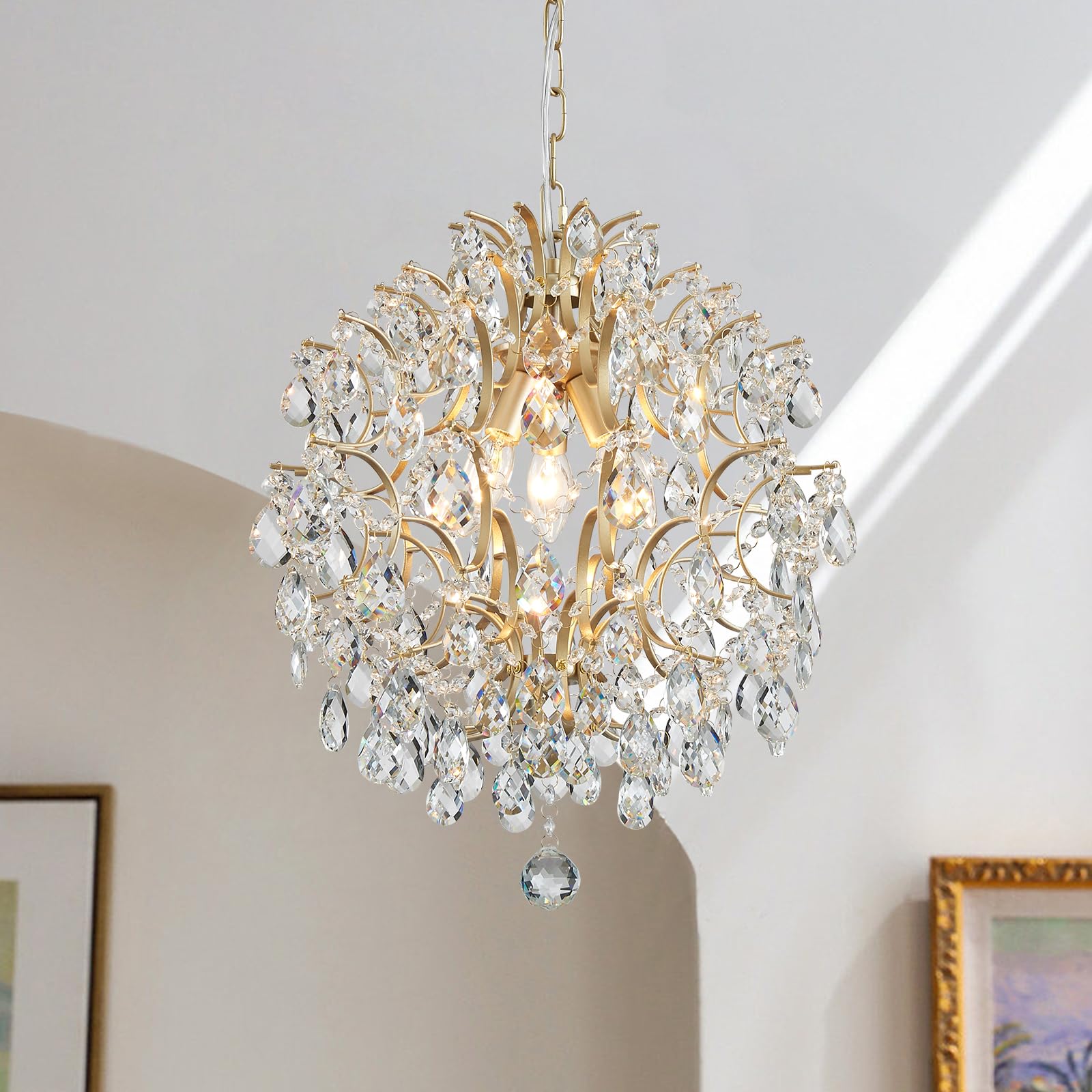 BESTIER Modern gold chandelier crystal raindrops lighting ceiling light dining room bathroom bedroom living room 1 E27 bulb required d32cm x h40cm