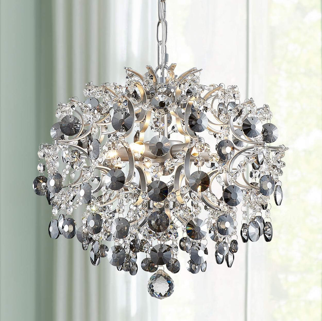 Close-up of Maison Ornate Modern Crystal Ball Raindrop chandelier with silver and sparkling crystal droplets.