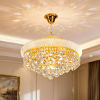 Maison Ornate Modern Round Crystal Gold Chandelier features sparkling crystals and elegant gold-finished metal, ceiling-mounted.