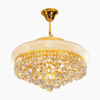 Circular gold chandelier with crystal bead rows, radiating warm elegant light; sophisticated centerpiece.