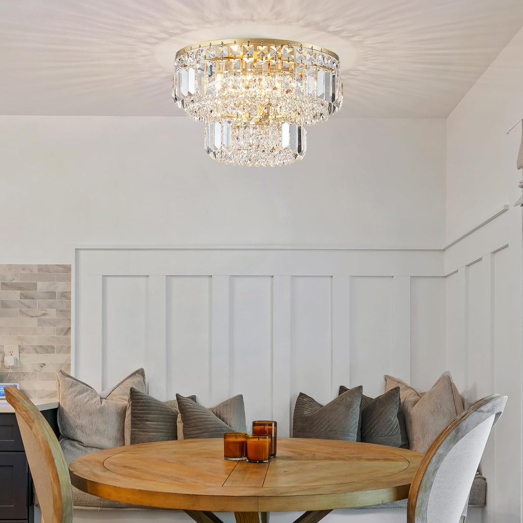 The Maison Ornate Modern Gold Crystal Bedroom Chandelier features LED lights and elegant crystal accents.