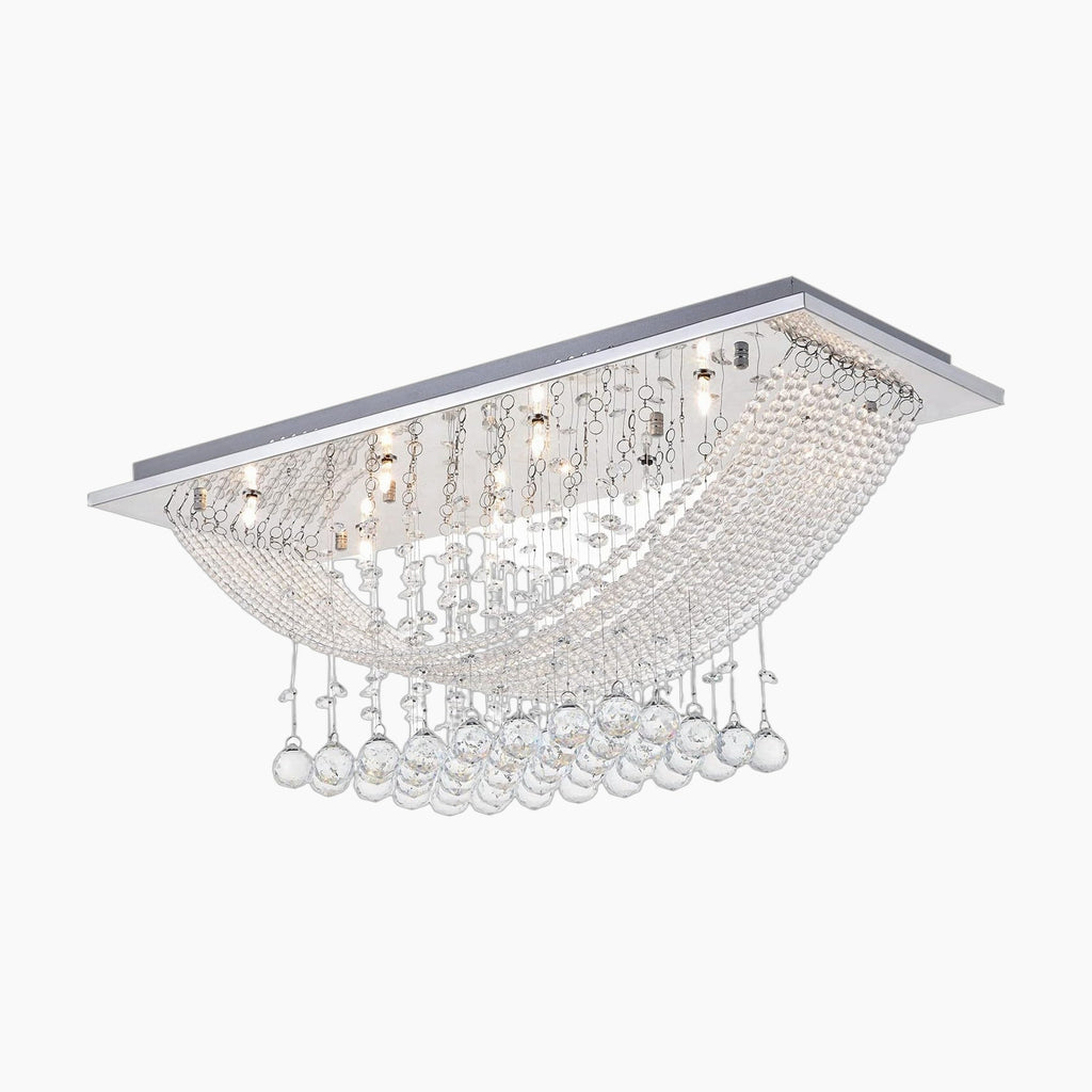 Maison Ornate Modern K9 Crystal Rectangular Chandelier with chrome finish and cascading crystal accents.