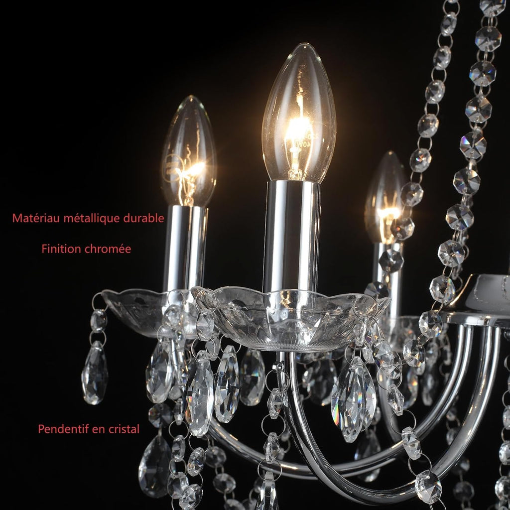 Close-up of Maison Ornate chandelier with chrome arms, crystal pendants, and candle-shaped bulbs.