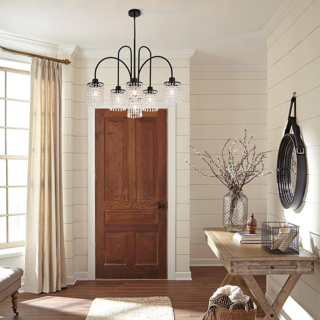 Maison Ornate Crystal Dining Room Chandelier with Black Metal Drops, elegant, intricate crystal design.