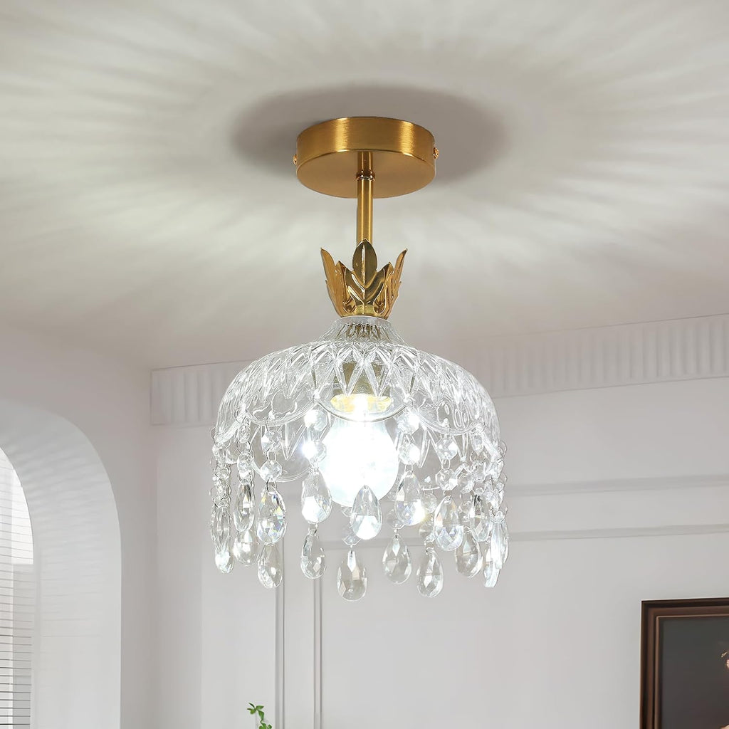 Maison Ornate Gold Crystal Ceiling Light with glass drops creating elegant, modern decorative patterns.