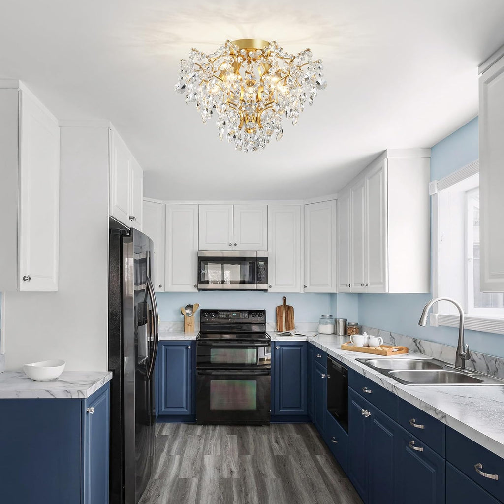 Maison Ornate Modern Gold 5-Light Crystal Ball Chandelier features gold finish and crystal globes.