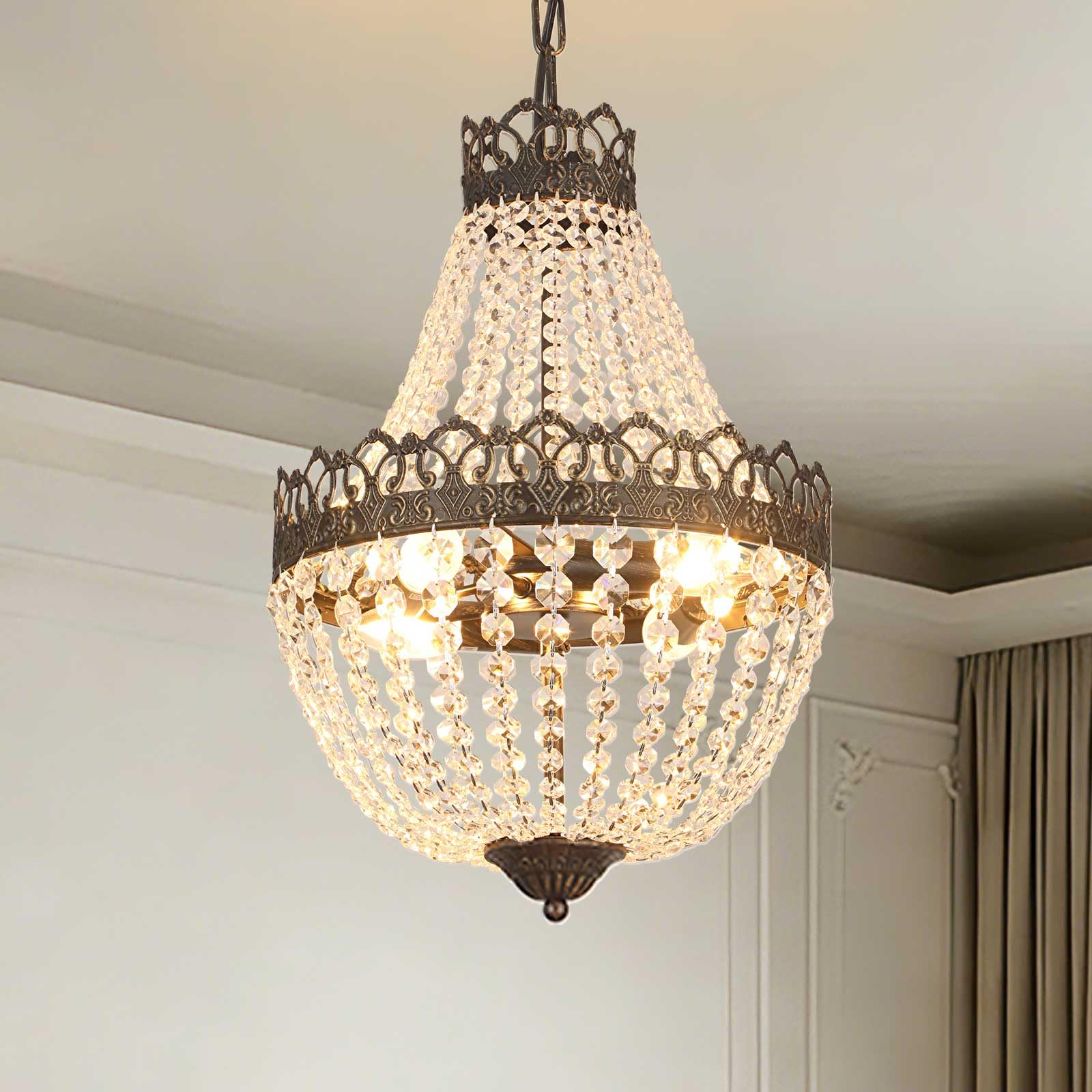 Vintage Crystal Chandelier, E14 Bedroom Pendant Light with Adjustable Chain Length 100 cm, Kitchen Chandelier 4 Lights, Ceiling Light Living Room, Dining Table, Antique Black and Gold, 60 W