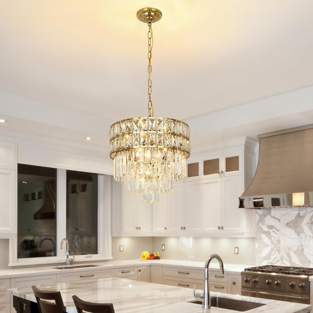 Maison Ornate Gold Stainless Steel Modern Crystal Chandelier hangs elegantly with sparkling details.