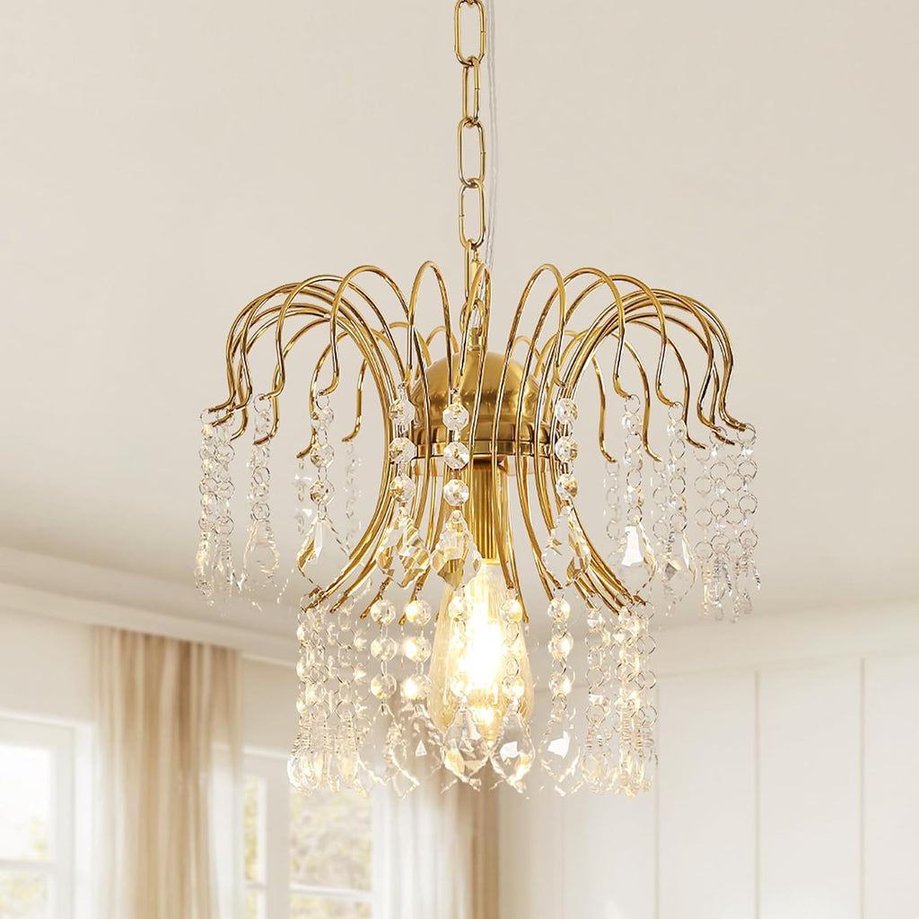 Maison Ornate Modern Crystal Water Drop Gold E27 Chandelier with curved arms and crystal beads.