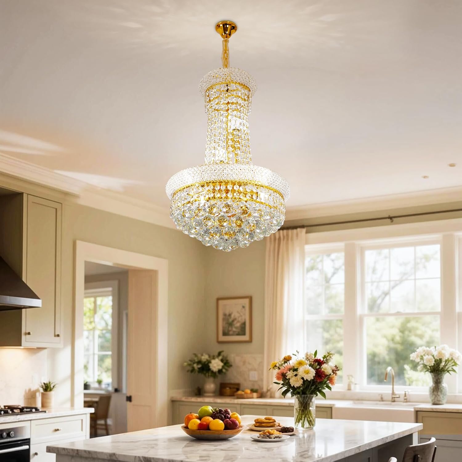 Maison Ornate Golden Crystal Round Modern Glass Pendant Light with 6 E14 bulbs, elegant chandelier design.