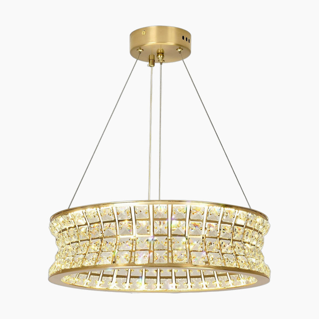 Modern gold chandelier with circular frame, square crystals, and adjustable wires for luxurious sparkle.