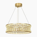 Modern gold chandelier with circular frame, square crystals, and adjustable wires for luxurious sparkle.
