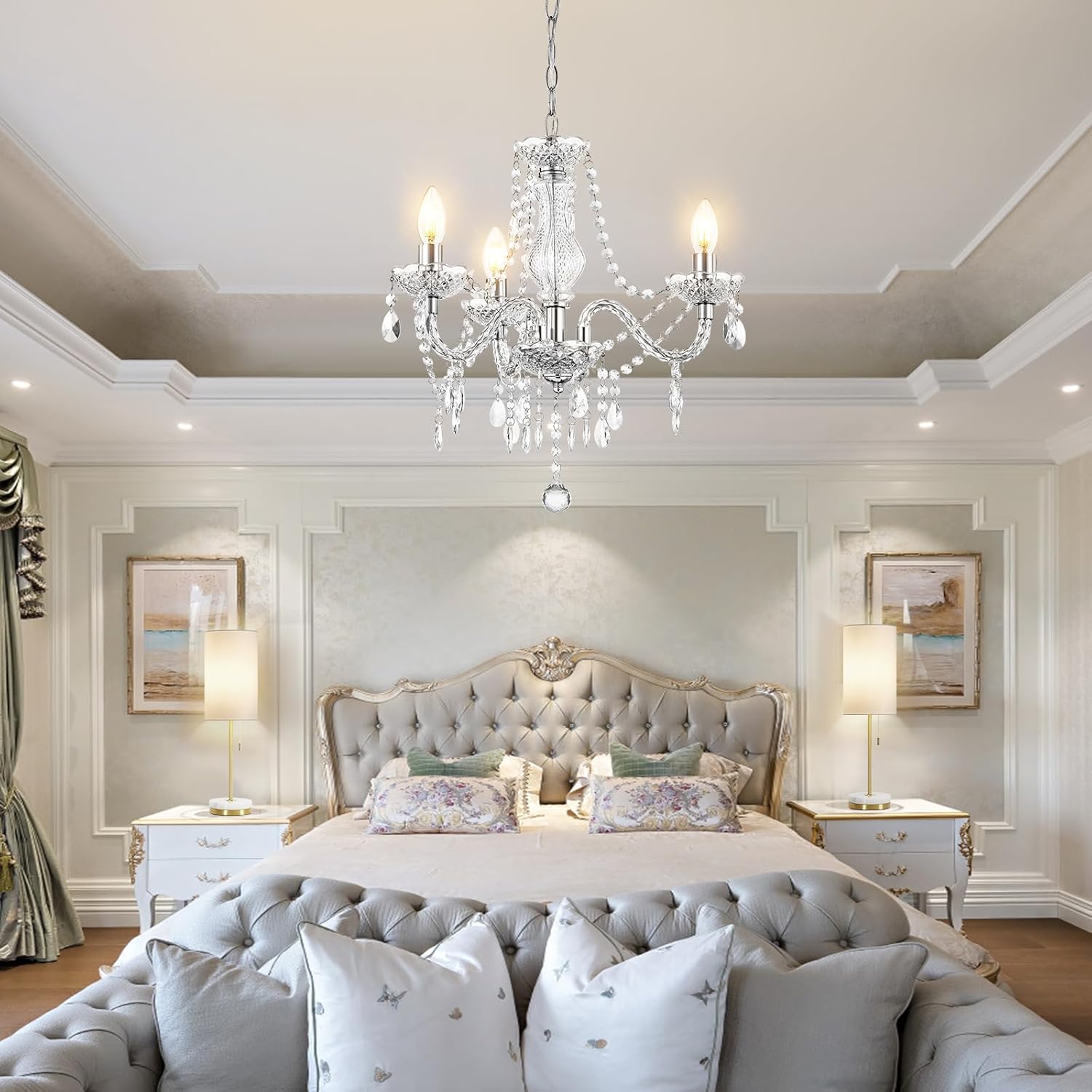 GyroVu Modern Living Room Chandelier - 3 Lights Crystal Miniature with Adjustable Chain, Versatile Acrylic Ceiling Light for Dining Room/Bedroom/Living Room