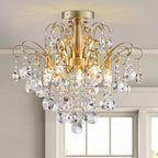 Modern gold 5-light chandelier with curved arms and crystal droplets, semi-flush mounted.