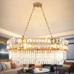 Golden Lustre Round Crystal Pendant with cascading rectangular crystals and gold chain, emits warm ambient light.