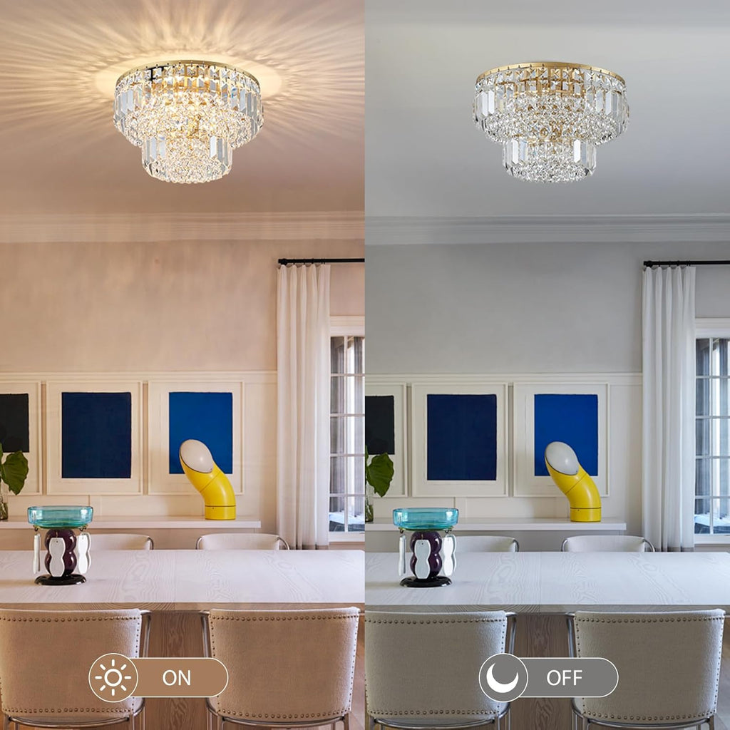 Side-by-side of Maison Ornate Modern Gold Crystal LED chandelier on warm and off daylight.