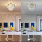 Side-by-side of Maison Ornate Modern Gold Crystal LED chandelier on warm and off daylight.