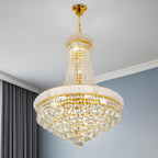 Maison Ornate Golden Crystal Round Modern Pendant Light with tiered sparkling crystals and 6 E14 bulbs.
