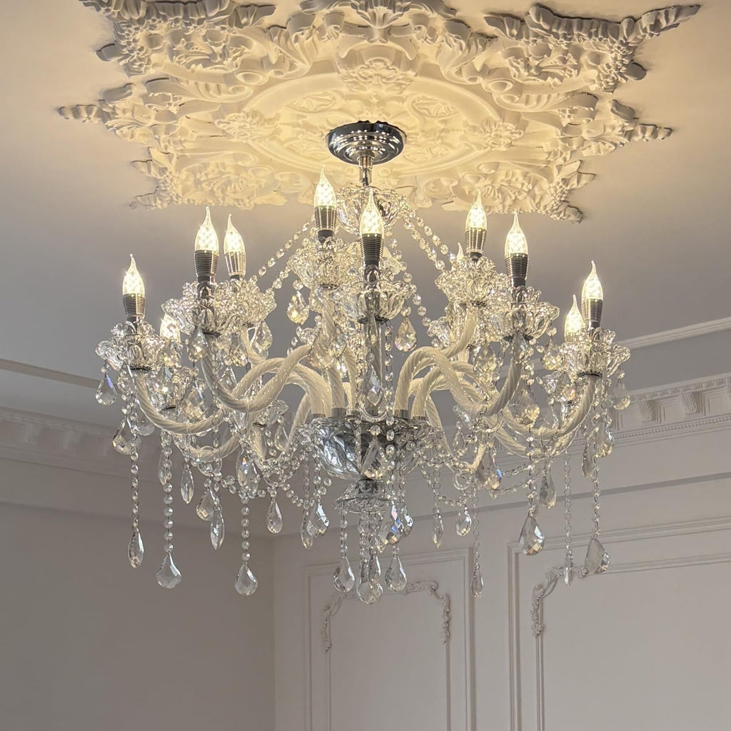 Maison Ornate Modern French Style white crystal 15-arm chandelier with elegant, intricate detailing.