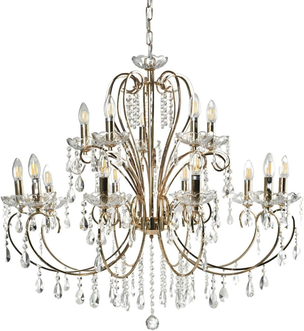 Ornate Rose Gold Baroque chandelier with 15 curved arms, candle bulbs, and crystal pendants.
