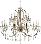 Ornate Rose Gold Baroque chandelier with 15 curved arms, candle bulbs, and crystal pendants.