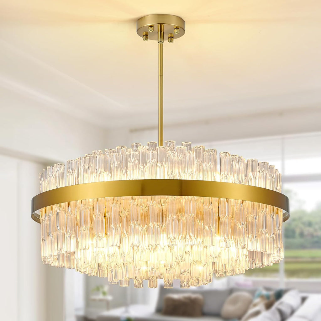 Maison Ornate Modern Round Chandelier with gold accents and clear crystals, elegantly suspended.