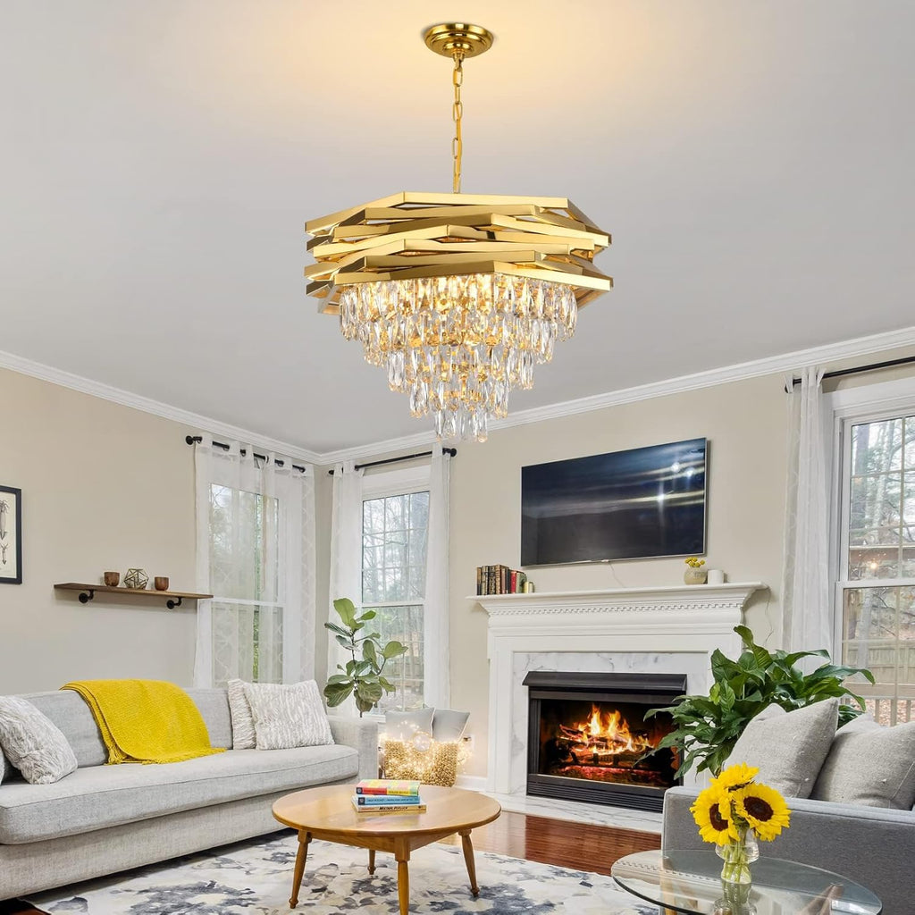 Maison Ornate Modern Gold Crystal Chandelier K9, 5 tier round design with sparkling crystals.