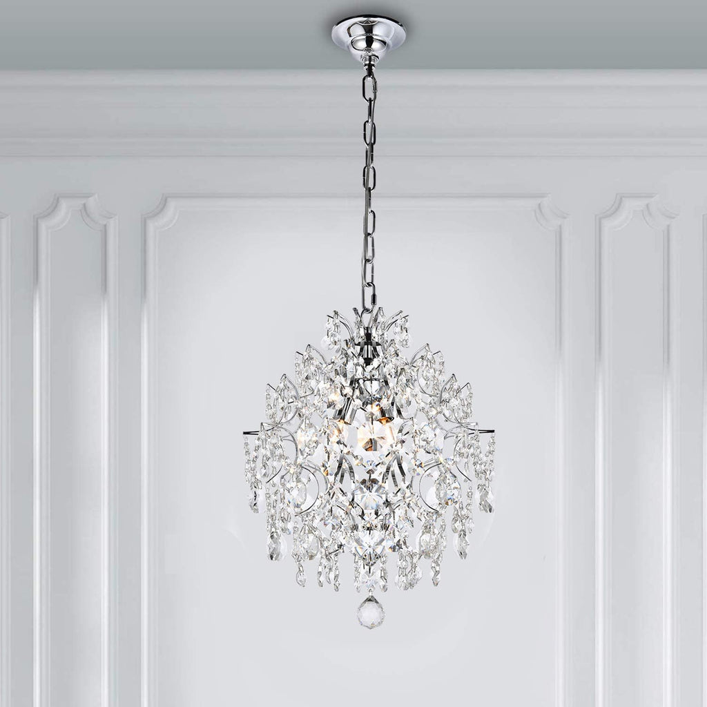 Maison Ornate Crystal Ball Chandelier features three drop shades and hangs elegantly from a chain.