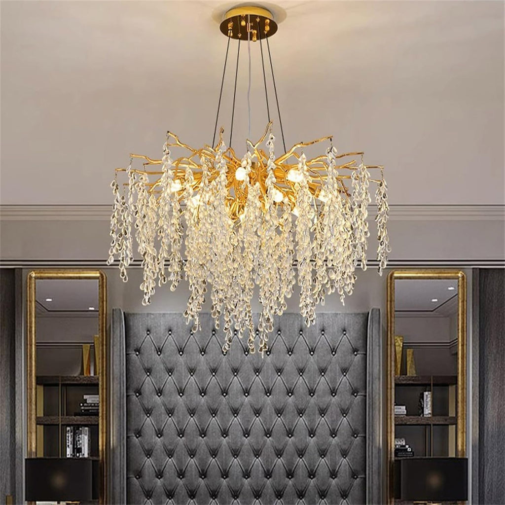 Maison Ornate Crystal Lustre Gold Branch Drop Pendants with cascading gold and crystal strands.