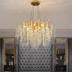 Maison Ornate Crystal Lustre Gold Branch Drop Pendants with cascading gold and crystal strands.