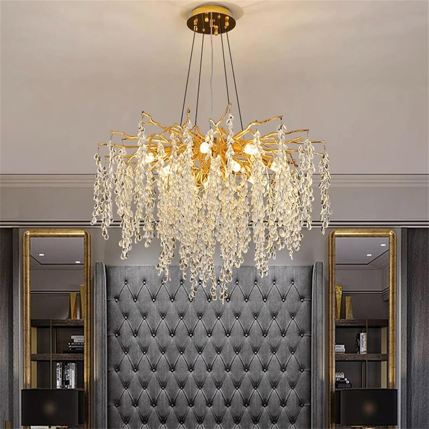 Maison Ornate Crystal Lustre Gold Branch Drop Pendants with cascading gold and crystal strands.